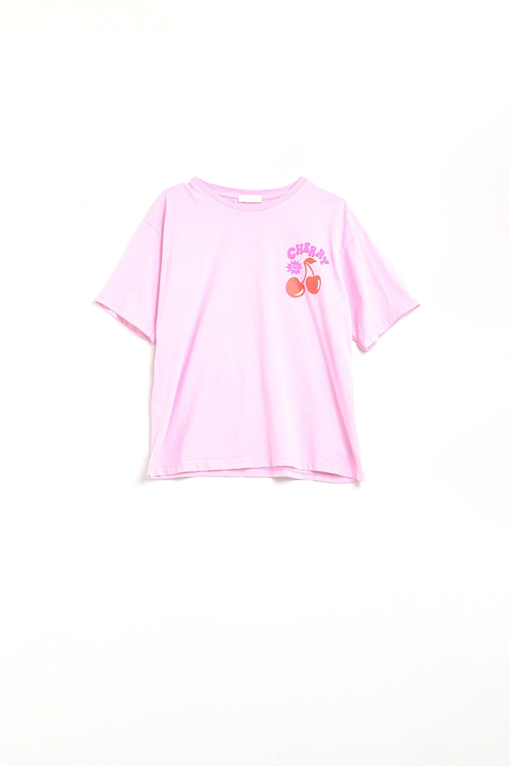 Q2 Camiseta rosa com cereja no logotipo e letras