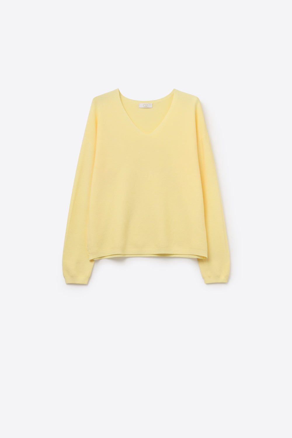 Q2 Camisola amarela de malha fina com decote em V e textura linear subtil