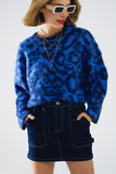 Q2 Camisola azul com estampado de leopardo em tecido de malha com lã