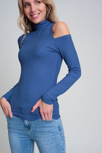 Q2 Camisola azul com um ombro aberto e gola alta