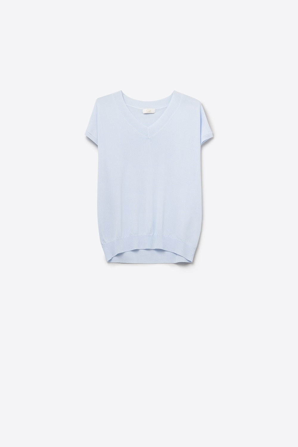 Q2 camisola azul de malha leve com gola em V e mangas curtas