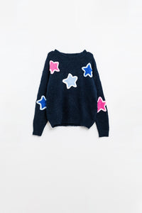 Q2 Camisola azul-marinho com estrelas bordadas