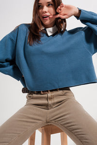 Q2 Camisola azul marinho curto com mangas de morcego