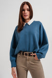 Camisola azul marinho curto com mangas de morcego