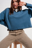 Q2 Camisola azul marinho curto com mangas de morcego