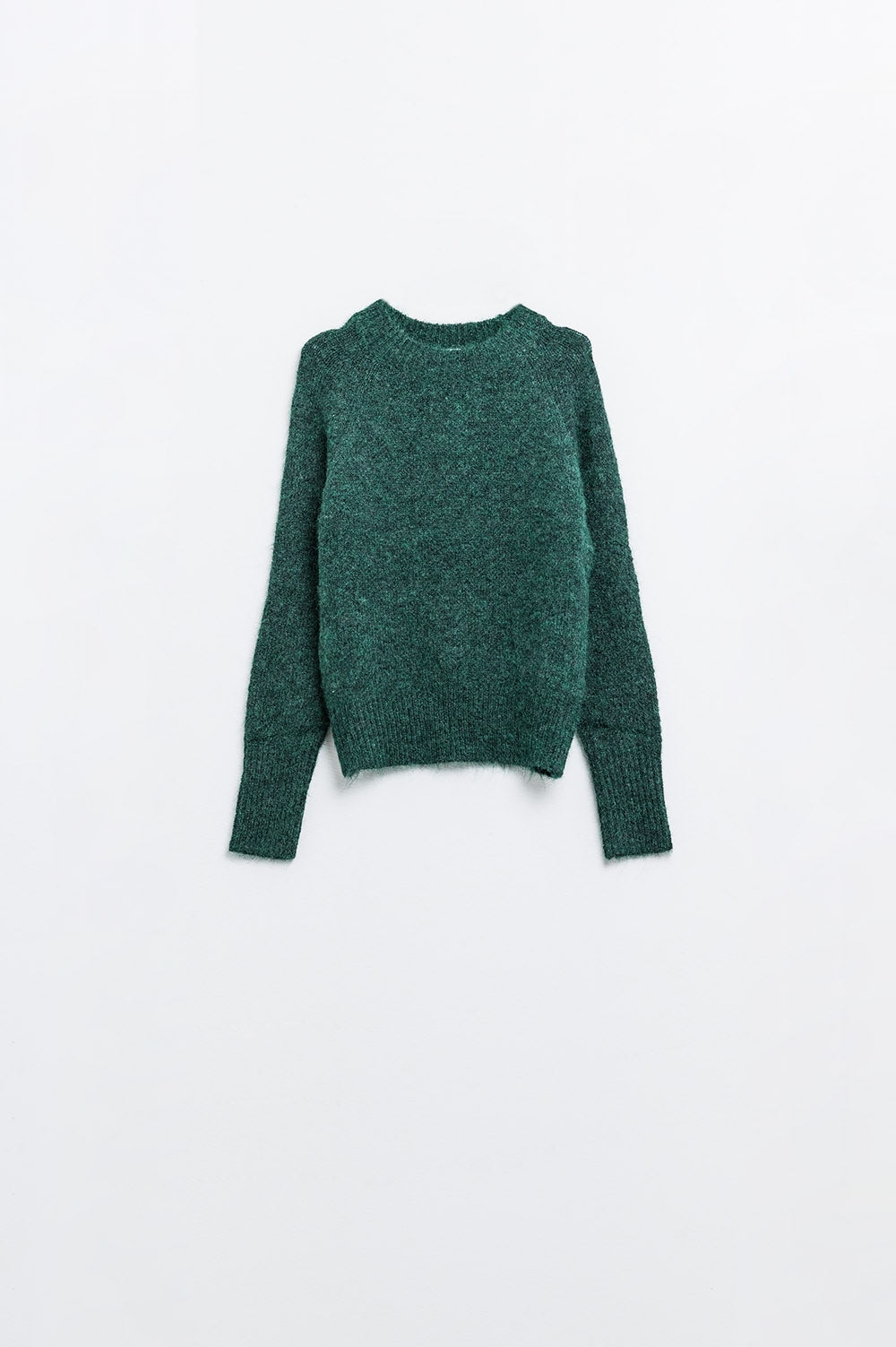Q2 Camisola básica de malha com gola redonda em verde esmeralda