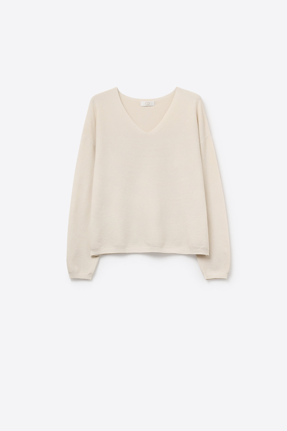 Q2 Camisola bege de malha fina com decote em V e textura linear subtil