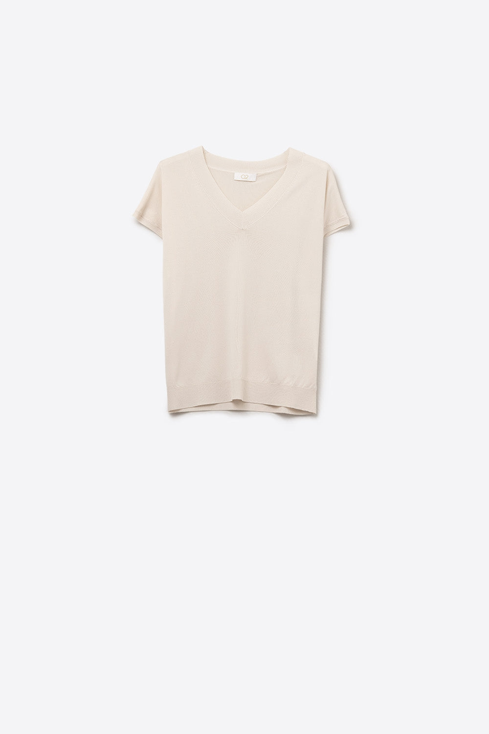 Q2 Camisola Beige de malha leve com gola em V e mangas curtas