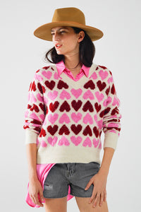 Q2 Camisola branca aconchegante com corações cor-de-rosa