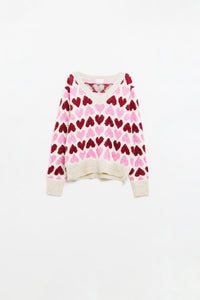 Camisola branca aconchegante com corações cor-de-rosa