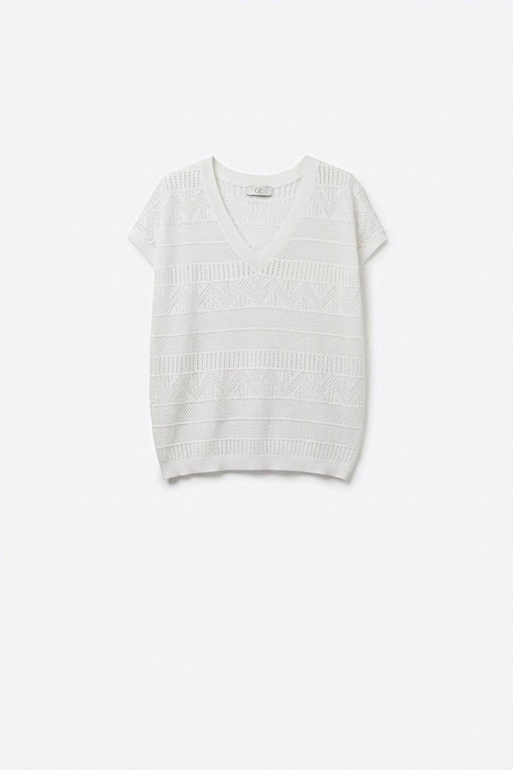Q2 Camisola branca de malha aberta com decote em V e manga curta