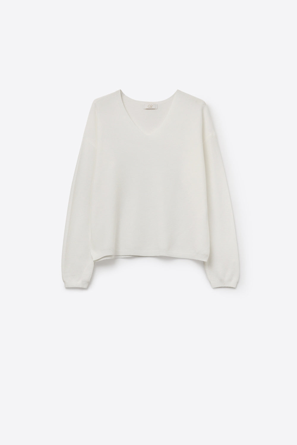 Q2 Camisola branca de malha fina com decote em V e textura linear subtil