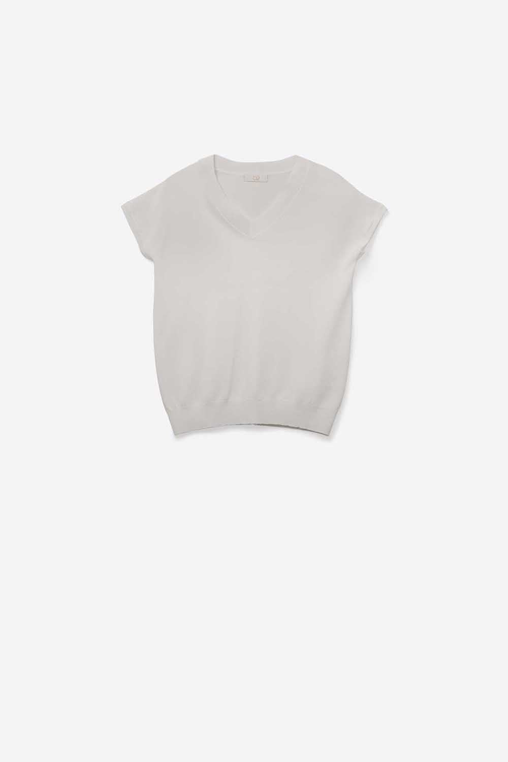 Q2 Camisola branca de malha leve com gola em V e mangas curtas