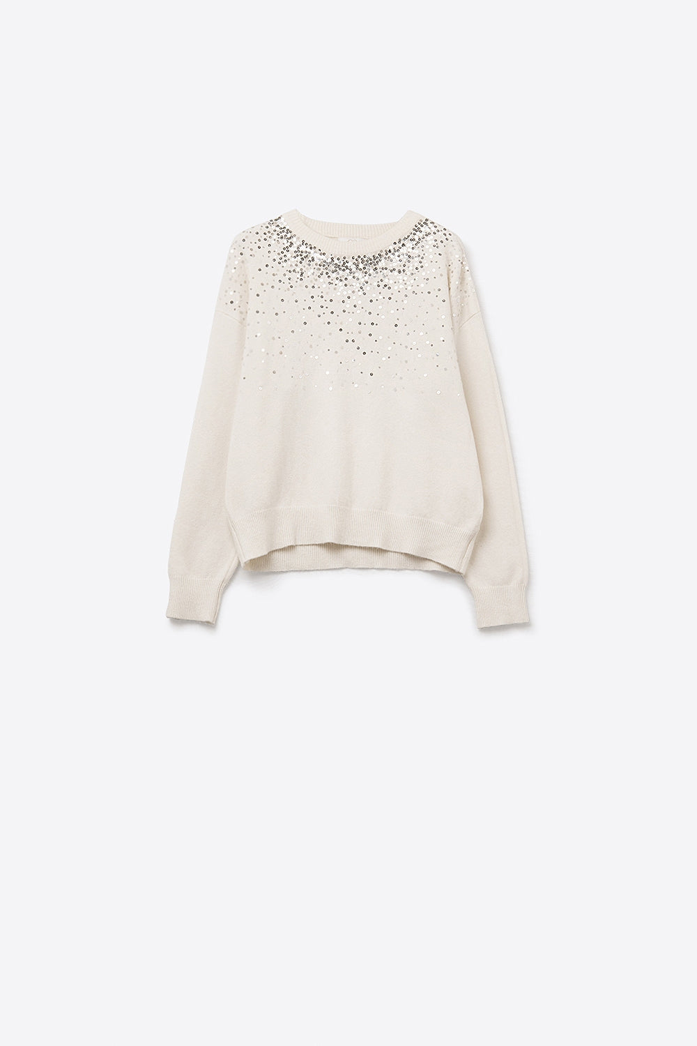 Q2 Camisola branca de malha macia decorada com lantejoulas na frente