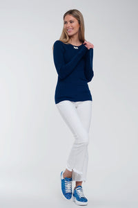 Camisola canelado de gola redonda em azul marinho