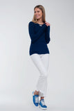 Camisola canelado de gola redonda em azul marinho
