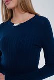 Camisola canelado de gola redonda em azul marinho