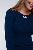 Camisola canelado de gola redonda em azul marinho