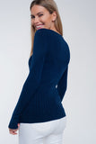 Camisola canelado de gola redonda em azul marinho