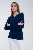 Q2 Camisola canelado de gola redonda em azul marinho