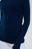 Camisola canelado de gola redonda em azul marinho