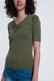 camisola cáqui com decote em ve mangas curtas