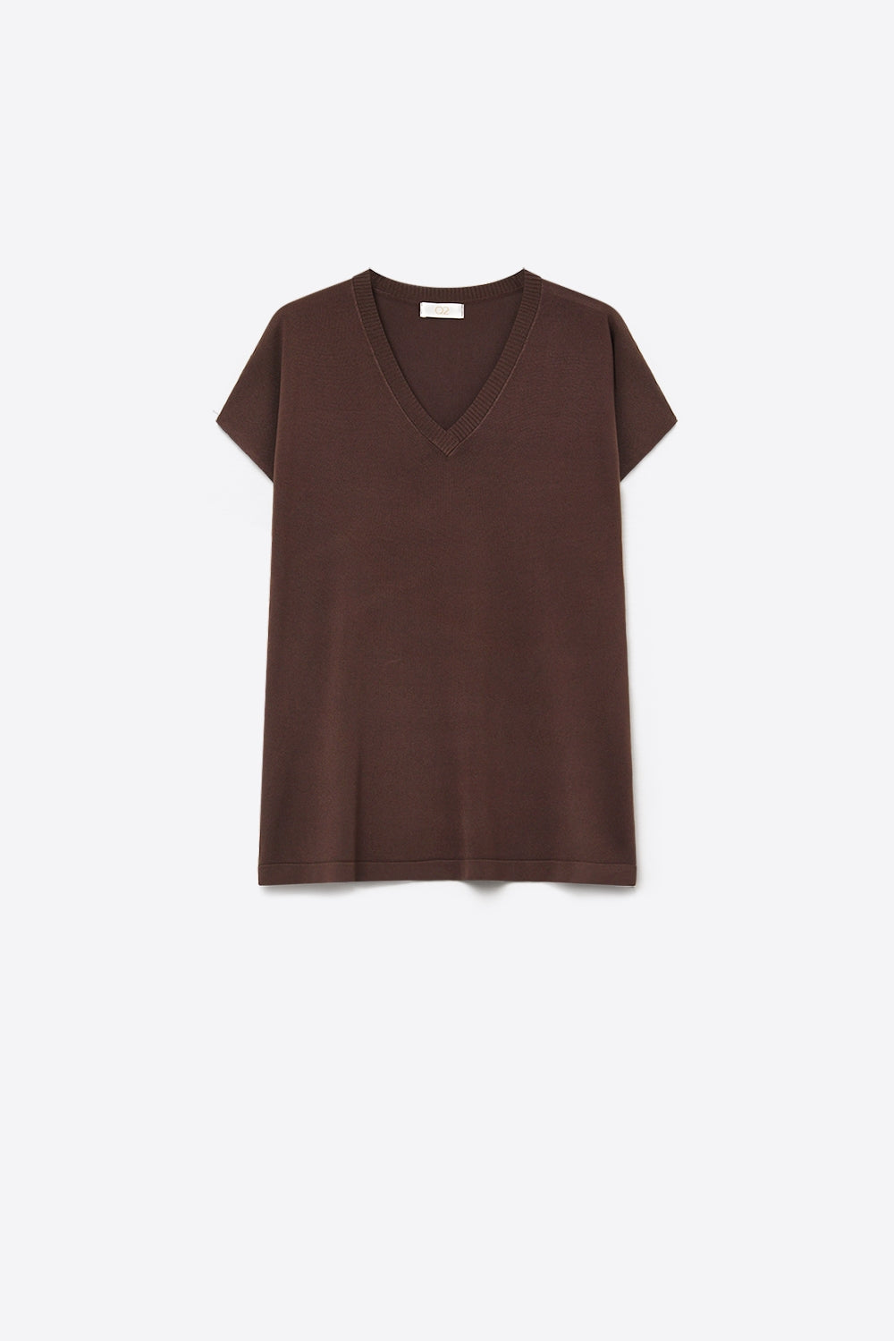 Q2 Camisola castanha de malha fina com decote em V e manga curta