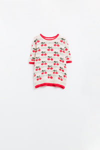 camisola castanha de manga curta com estampado de cerejas