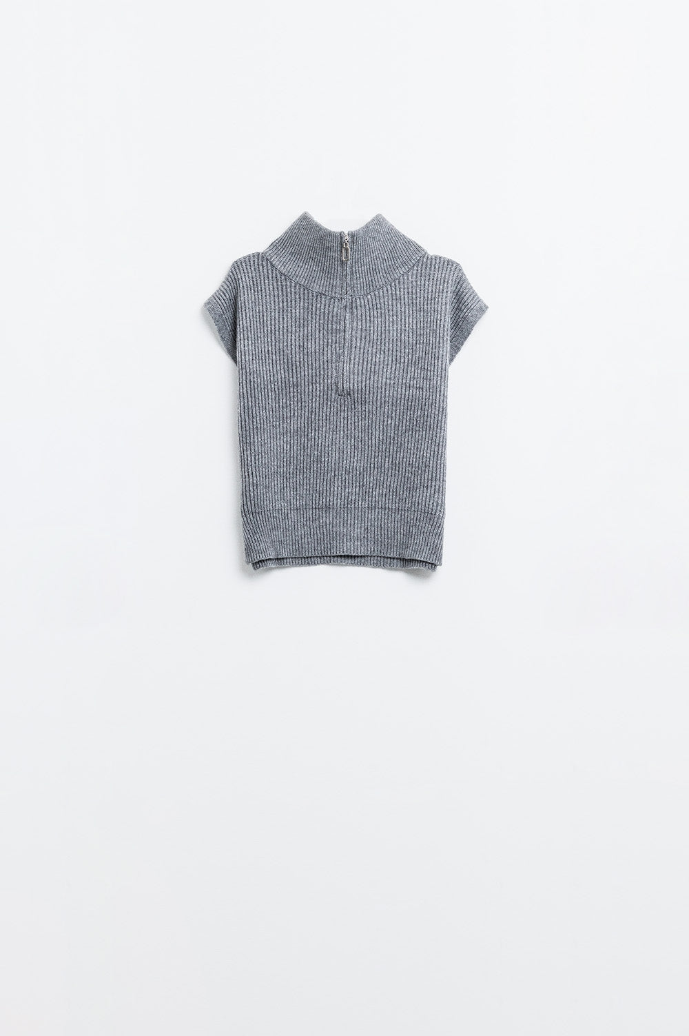 Q2 Camisola cinzenta de gola alta sem mangas com fecho de correr