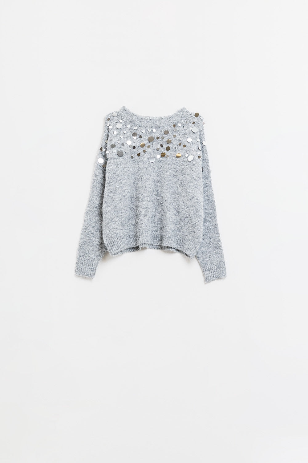 Q2 Camisola cinzenta de malha macia com pormenor de lantejoulas grandes