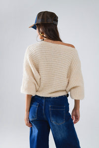 Camisola com decote em barco e nervuras grossas em creme