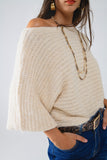 Camisola com decote em barco e nervuras grossas em creme