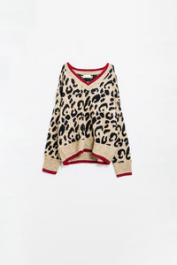 Q2 Camisola com decote em V de leopardo e pormenor de linha vermelha