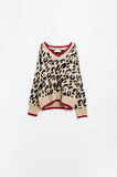 Q2 Camisola com decote em V de leopardo e pormenor de linha vermelha