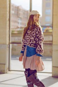 Camisola com estampado de leopardo cor-de-rosa em malha de lã