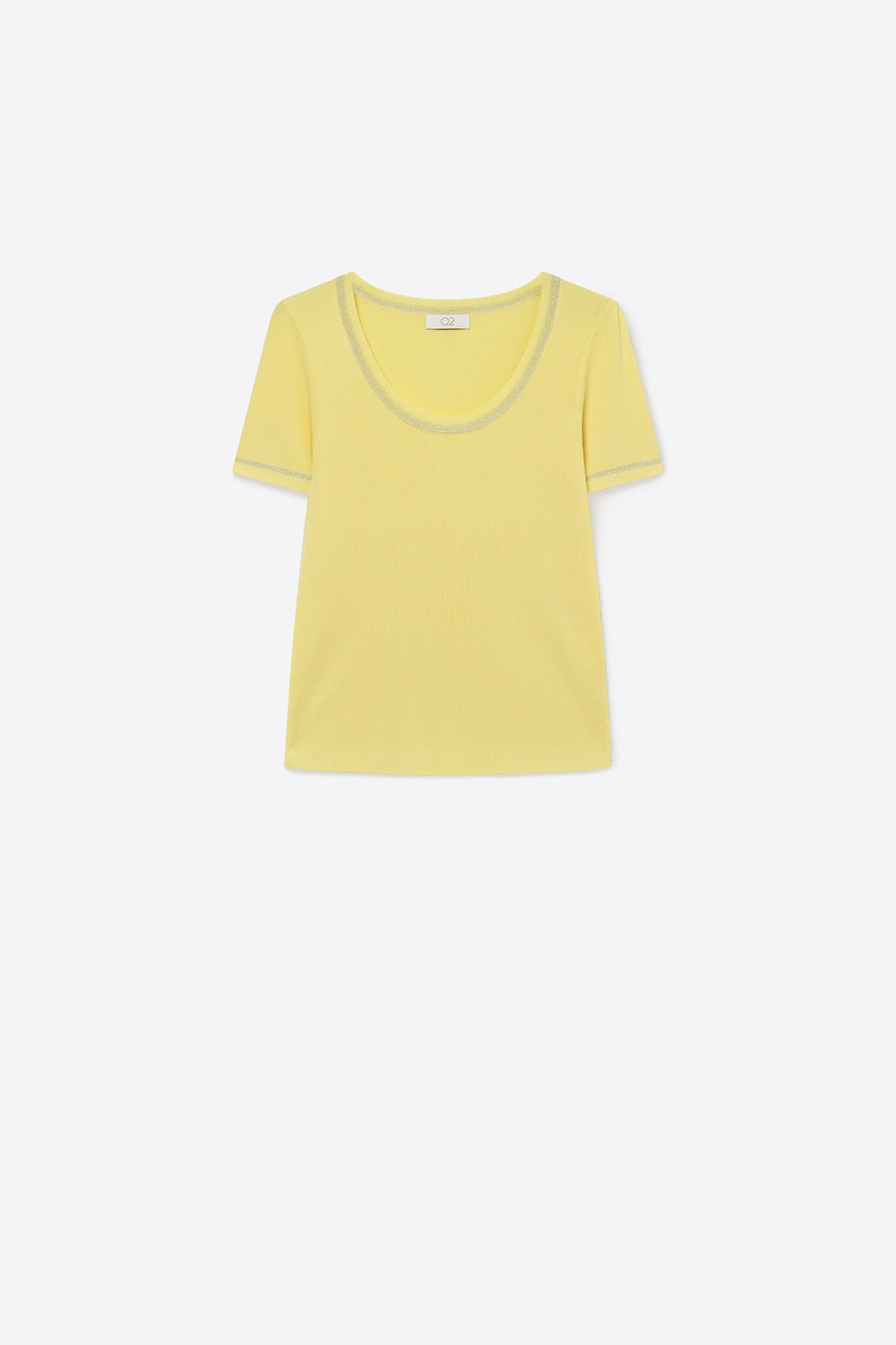 Q2 Camisola com gola redonda em malha canelada amarela com acabamento em lurex brilhante