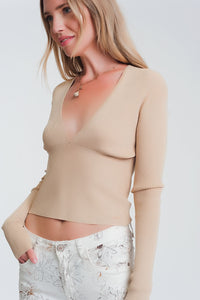 Q2 Camisola com nervuras bege e decote em V