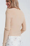 Camisola com nervuras bege e decote em V