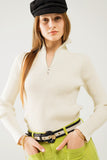 Q2 camisola com nervuras em creme e fecho de correr