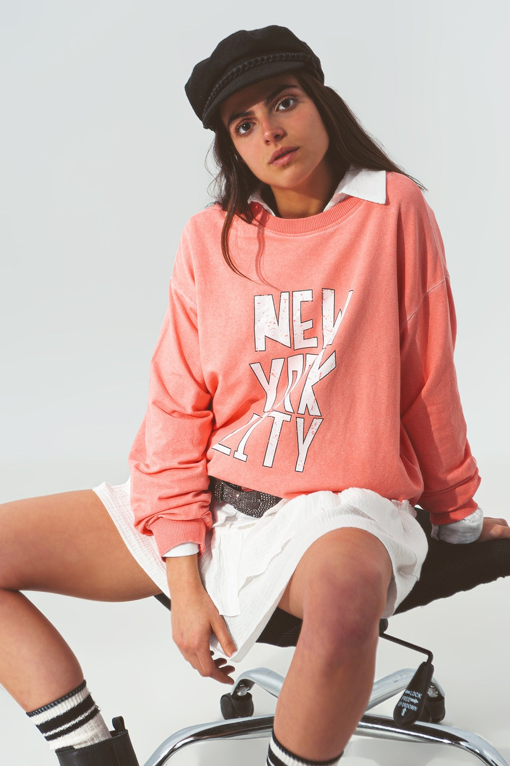 Q2 Camisola com texto Nova Iorque em Coral