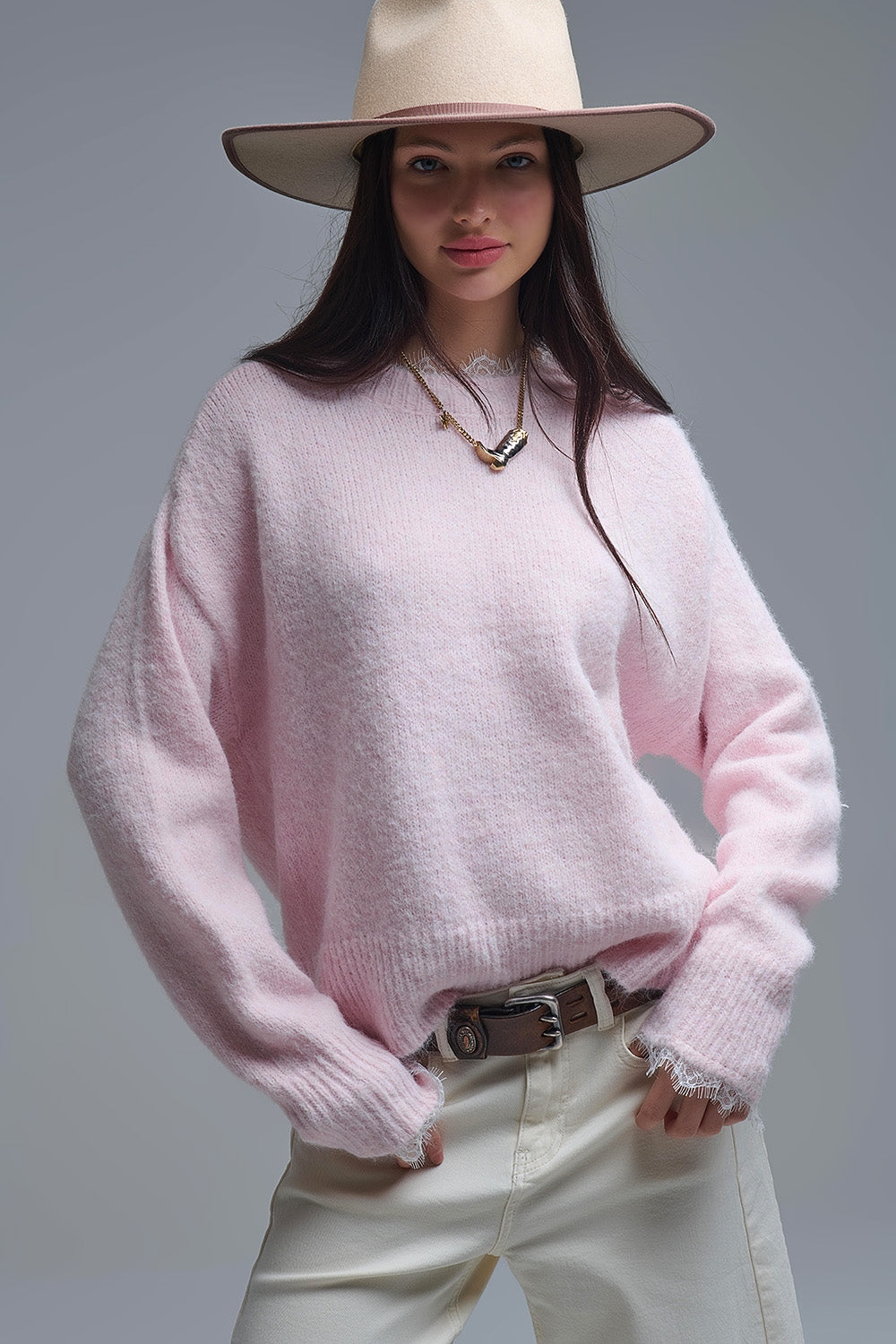Q2 Camisola comprida oversized cor-de-rosa com pormenores de renda nos punhos e no pescoço