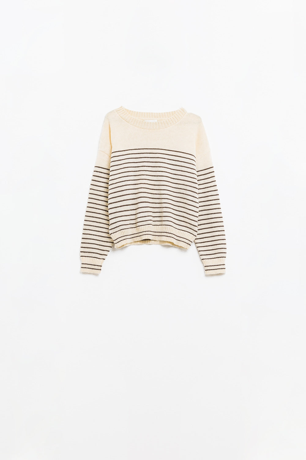 Q2 Camisola creme com riscas castanhas e gola redonda
