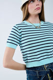 Camisola Crop Verde Menta com Riscas Azul Marinho