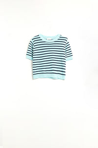 Camisola Crop Verde Menta com Riscas Azul Marinho