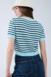 Camisola Crop Verde Menta com Riscas Azul Marinho