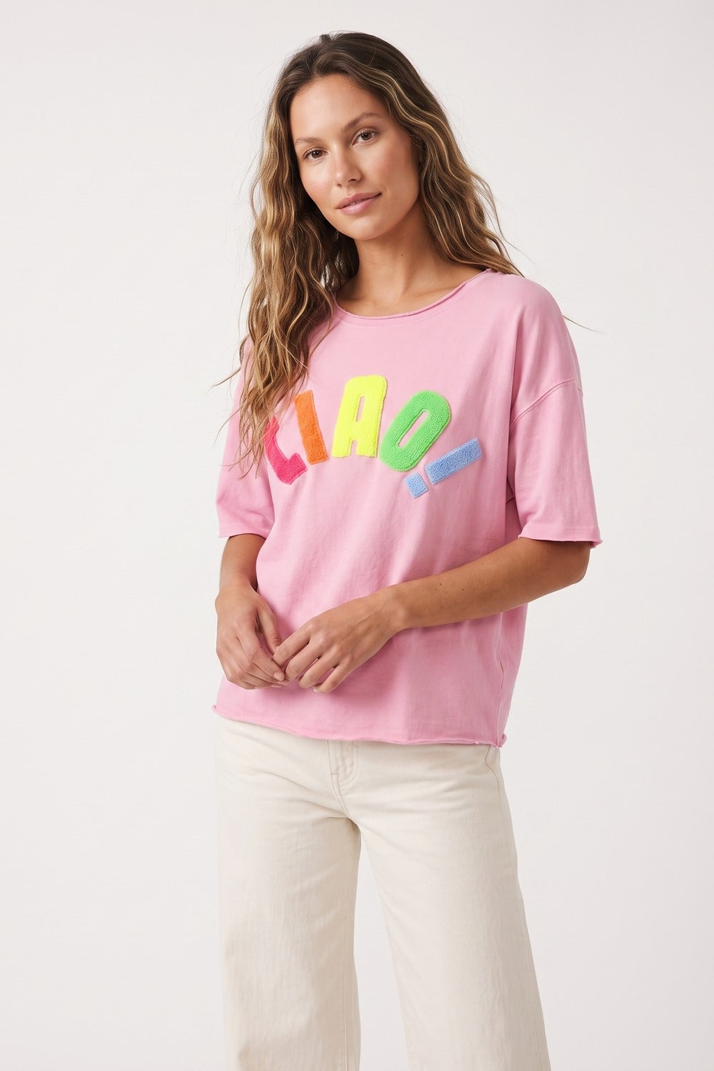 Q2 Camisola de Algodão Rosa Oversize com Aplique Colorido