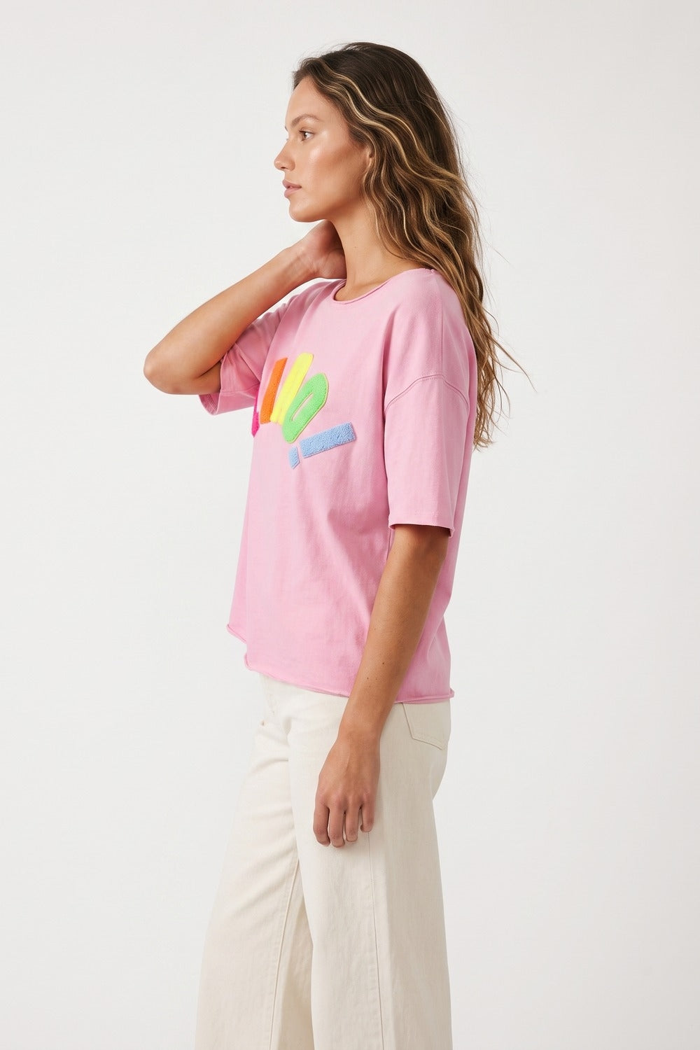 Camisola de Algodão Rosa Oversize com Aplique Colorido