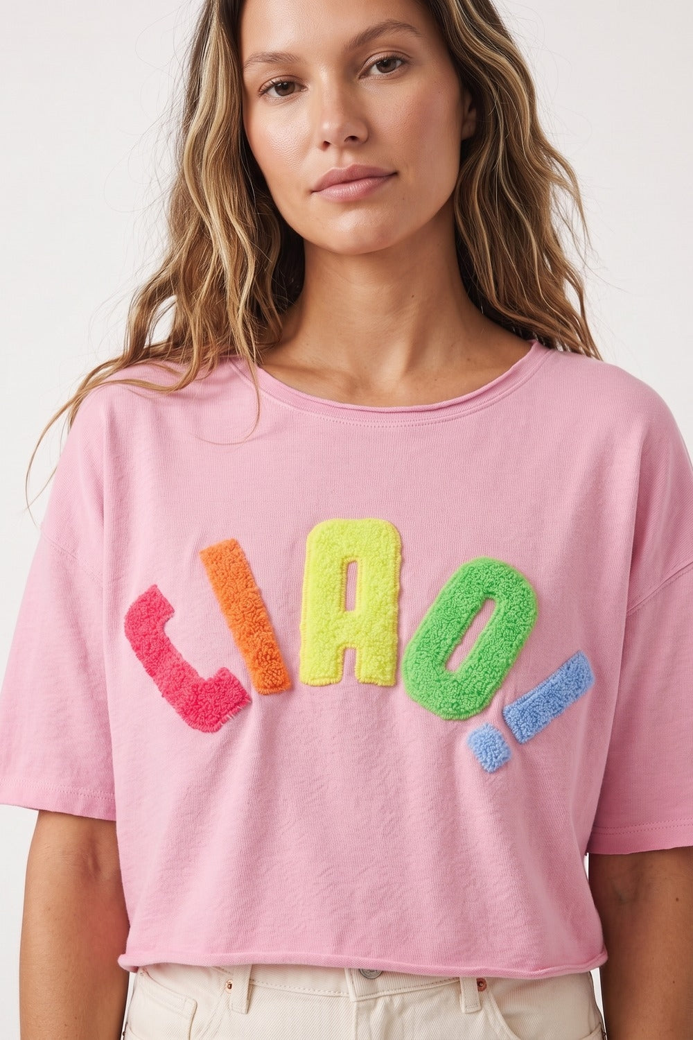Camisola de Algodão Rosa Oversize com Aplique Colorido