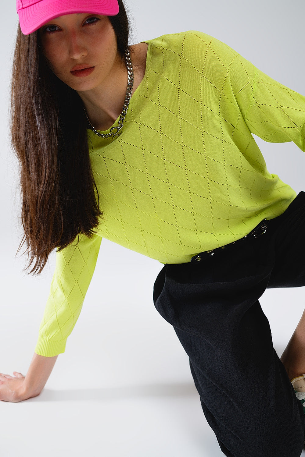 Q2 Camisola de cor lima com estampado Argyle e gola boat