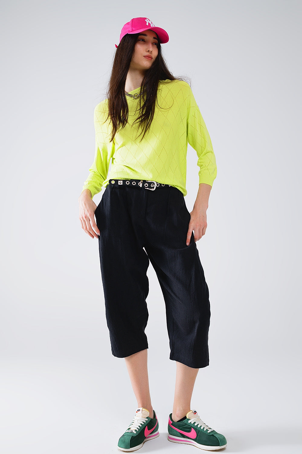 Camisola de cor lima com estampado Argyle e gola boat